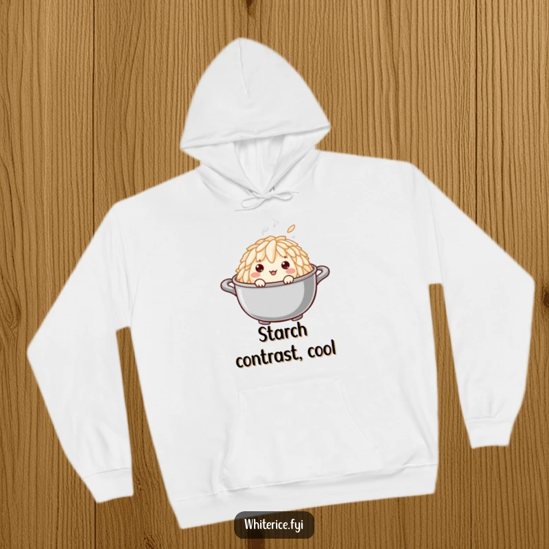 Funny hoodie with a curious rice grain peeking out from a steaming pot, designed for comfort and a good laugh.