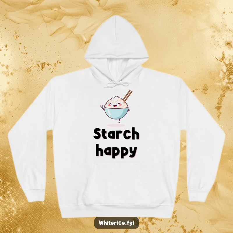 Funny happy white rice bowl hoodie, dancing with chopsticks, offering cozy comfort and culinary humor.