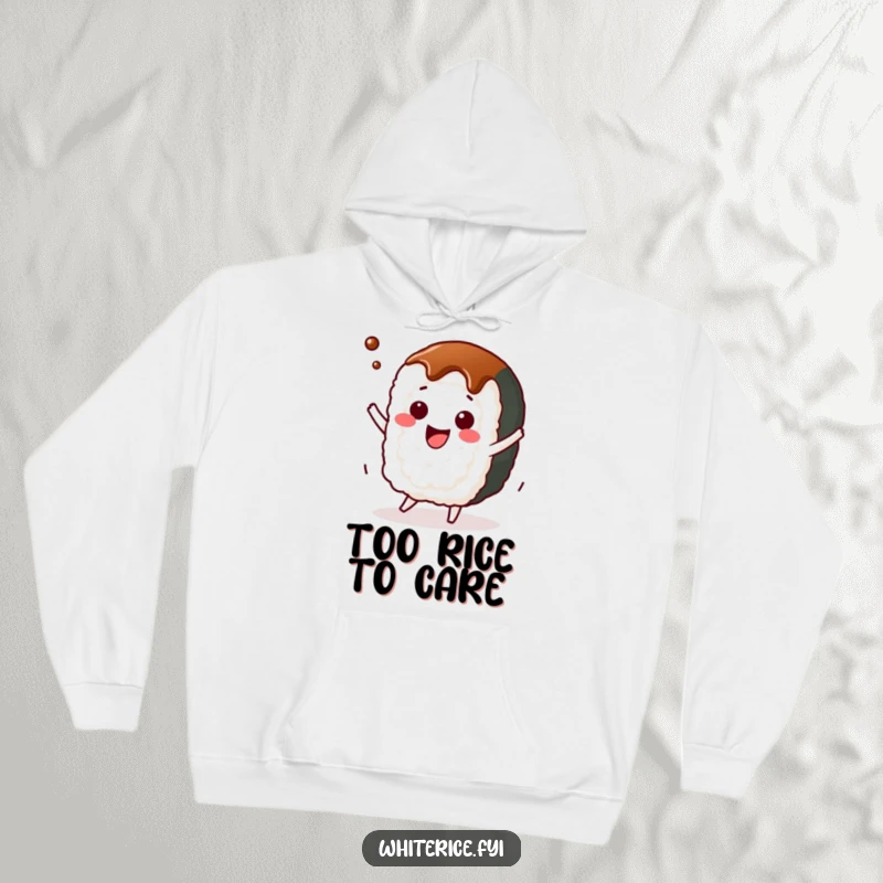Funny kawaii sushi roll hoodie, a character happily dancing with soy sauce, cozy and amusing apparel.