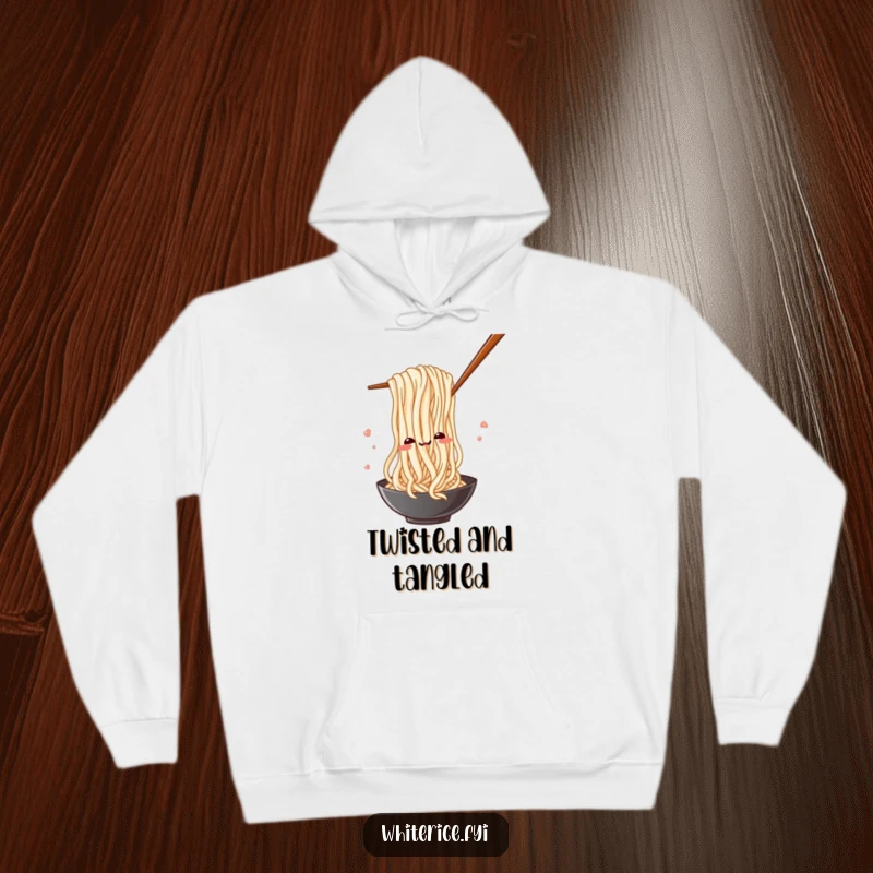 Funny hoodie showcasing a silly rice noodle playfully weaving its way through chopsticks with great agility.