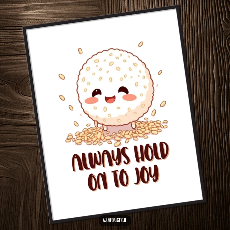 Funny Free Printable Wall Art of a happy rice ball character comically failing to catch falling grains, a relatable mishap.