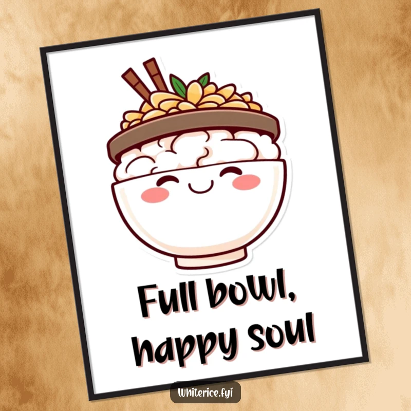 Funny Free Printable Wall Art: A happy rice bowl character with an enormous beaming smile, radiating pure joy and warmth.