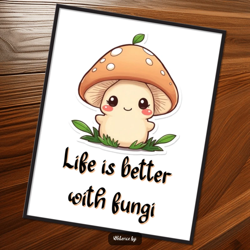 Funny Free Printable wall art featuring a wobbly brown mushroom character shyly smiling while adding a garnish, creating a cozy, humorous atmosphere.