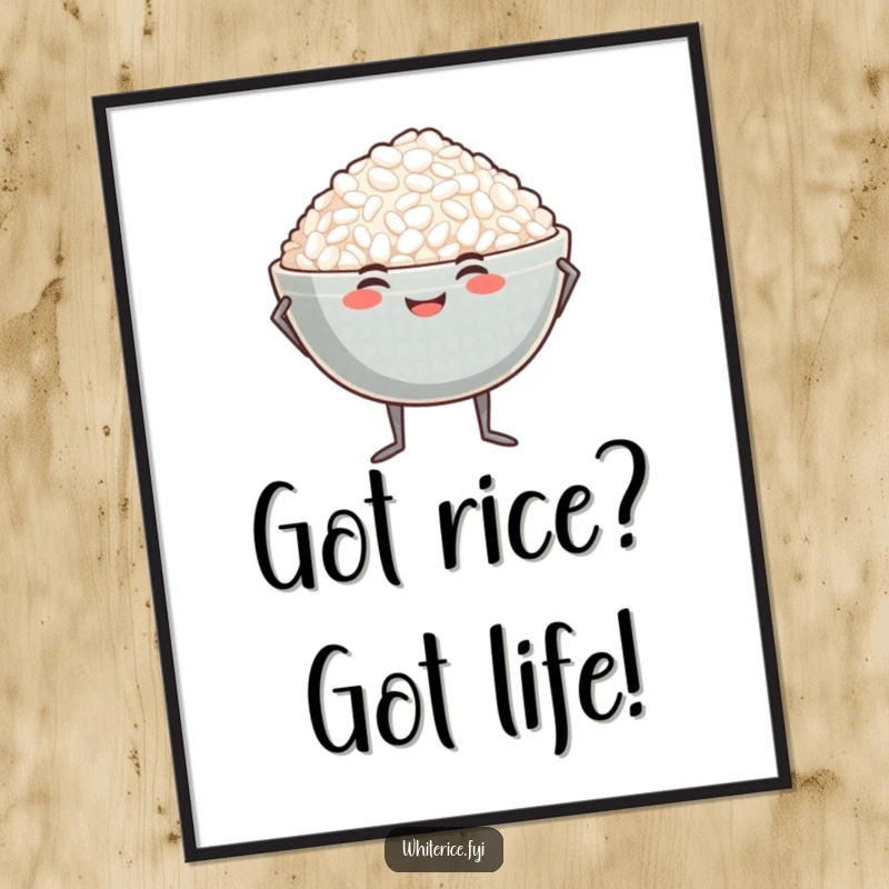 Funny free printable wall art of a smiling bowl of rice with tiny legs striking an endearingly proud pose.