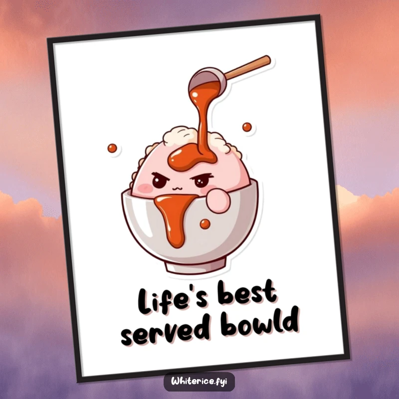 Funny Free Printable wall art of a determined pink rice bowl character pouring savory sauce, bringing a humorous culinary vibe to any room.