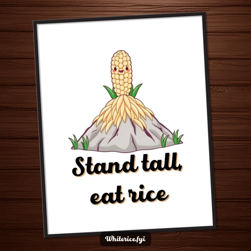 Funny Free Printable Wall Art: A proud rice grain stands tall on a colossal mountain of rice, symbolizing aspiration and achievement.
