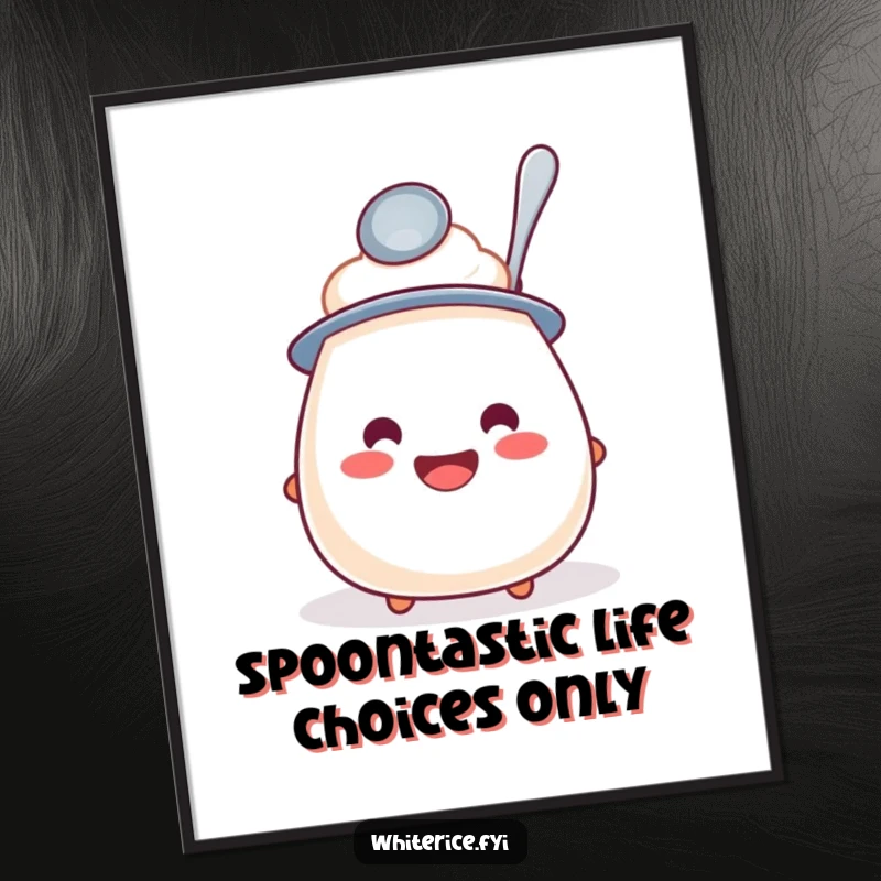 Funny Free Printable Wall Art: A jovial rice pudding proudly wears a tiny spoon as a hat, a delightful decor piece.