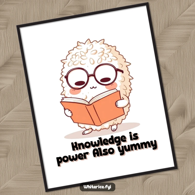 Funny Free Printable Rice Wall Art: a bewildered rice ball character wearing spectacles and deeply engrossed in reading a large book.