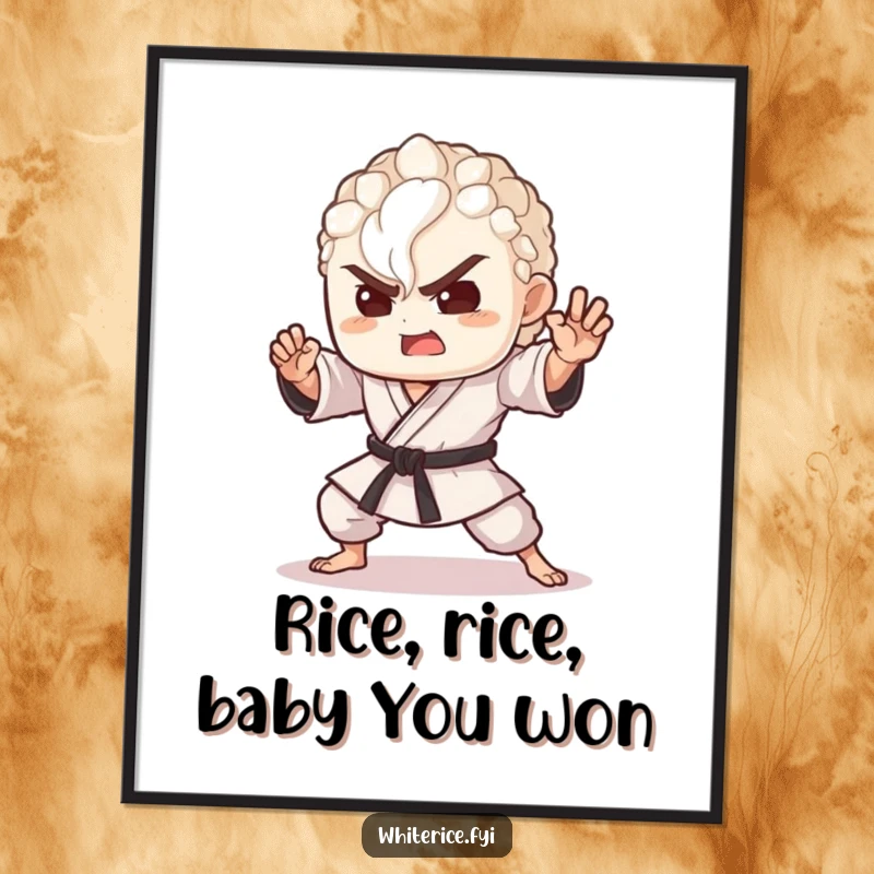 Funny Free Printable Wall Art: A delighted grain of rice striking a dramatic martial arts pose, perfect humorous downloadable decor.