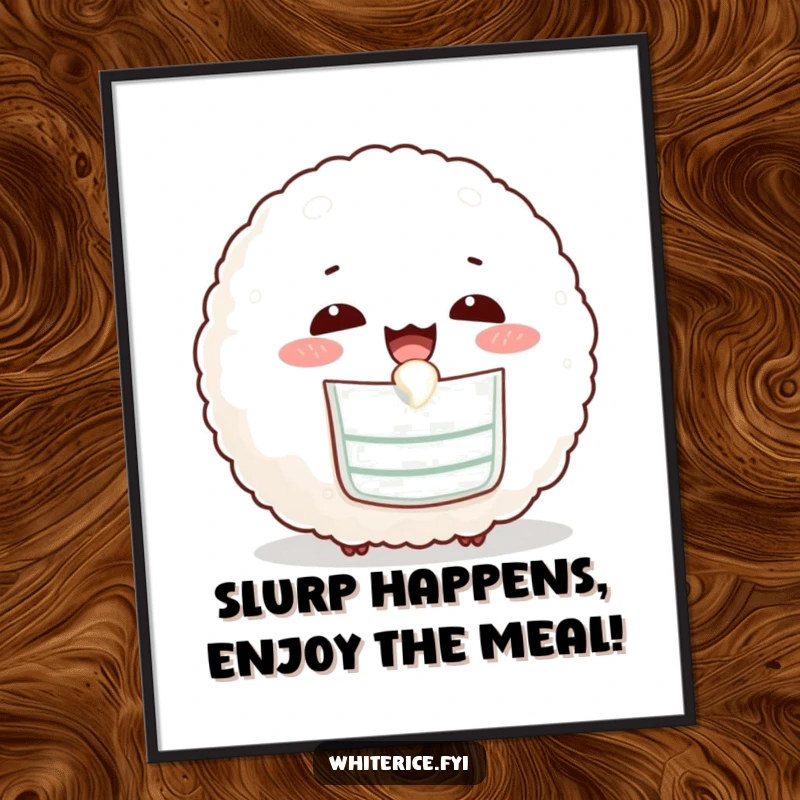 Funny free printable wall art of a cute rice ball wearing a bib and happily slurping rice, perfect for kitchens.