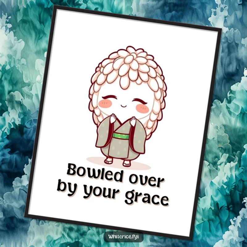 Funny Free Printable Wall Art: A smiling rice grain in a tiny kimono bows gracefully, adding charm to decor.