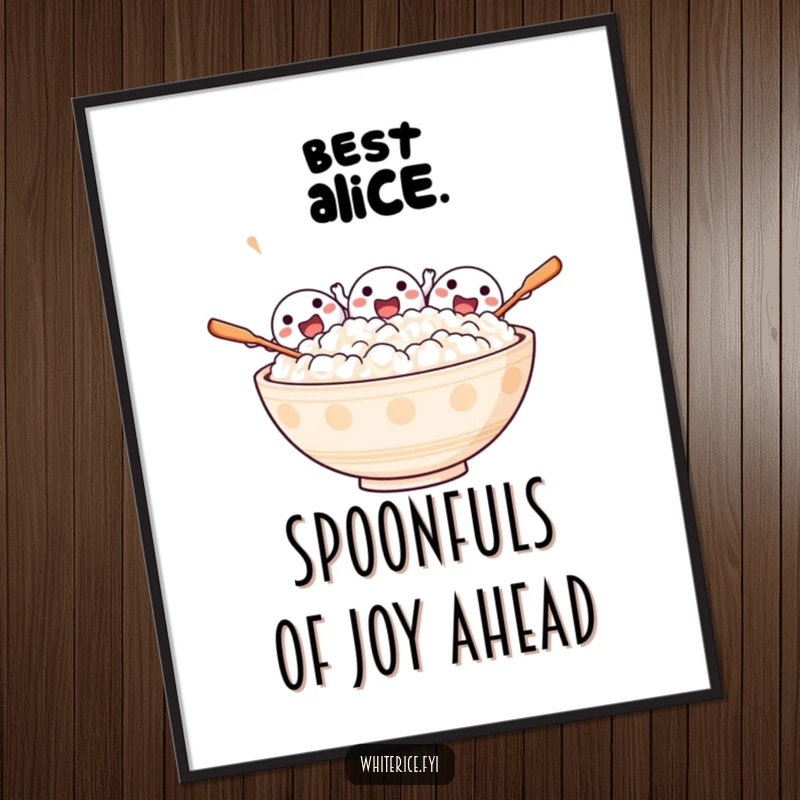 Funny Free Printable Wall Art of an excited bowl of rice characters, joyfully cheering with tiny spoons raised high.
