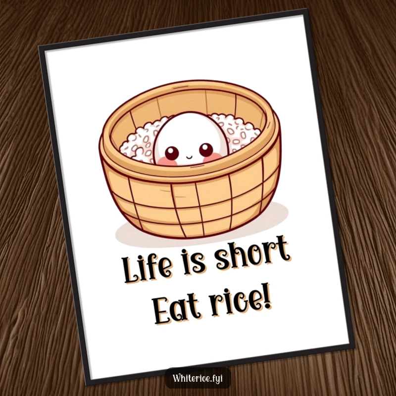 Funny Free Printable Wall Art: A curious rice grain peeks inquisitively from a bamboo steamer, bringing a touch of humorous elegance to any room.