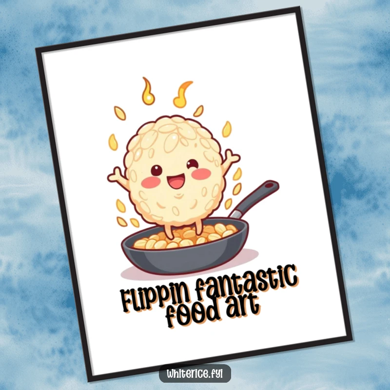 Funny Free Printable Wall Art: A beige rice grain with tiny legs flips enthusiastically in a hot pan.