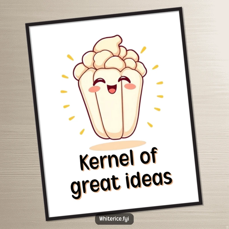 Funny Free Printable Wall Art: A kawaii popcorn kernel bursting with joy and a wide, infectious grin.