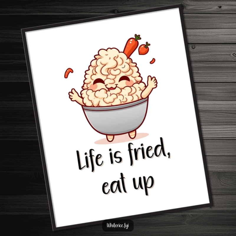 Funny Free Printable Wall Art: A laughing Kawaii fried rice character playfully tossing small, colorful vegetables.