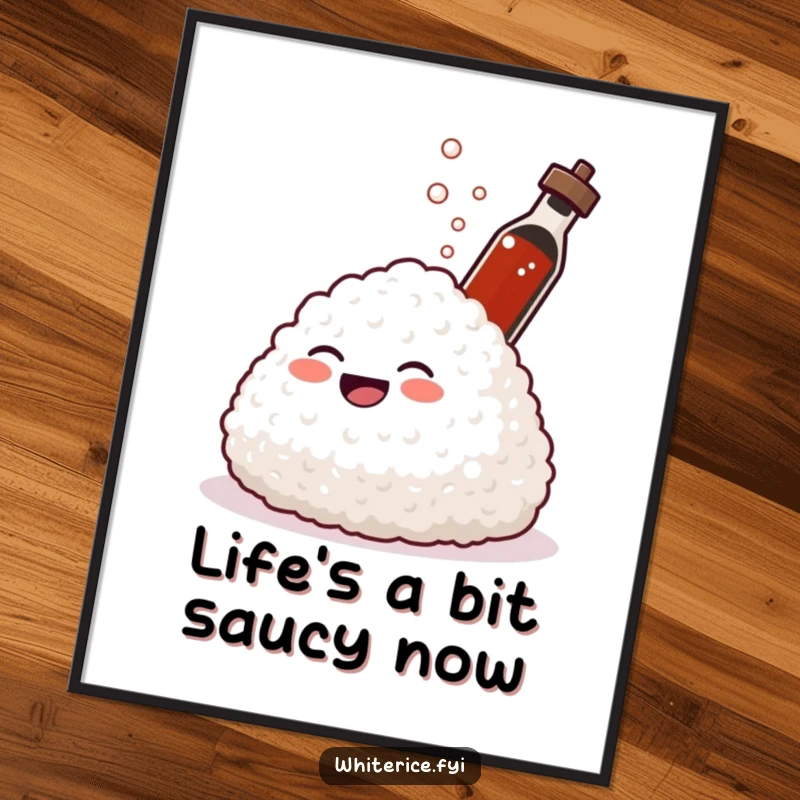 Funny Free Printable Wall Art: A mound of rice laughs gleefully while a tiny soy sauce bottle sprays playfully.