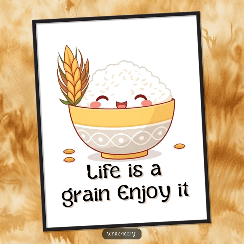 Funny Free Printable Wall Art of a happy rice bowl peeking from behind a large grain, bringing a smile to any room.