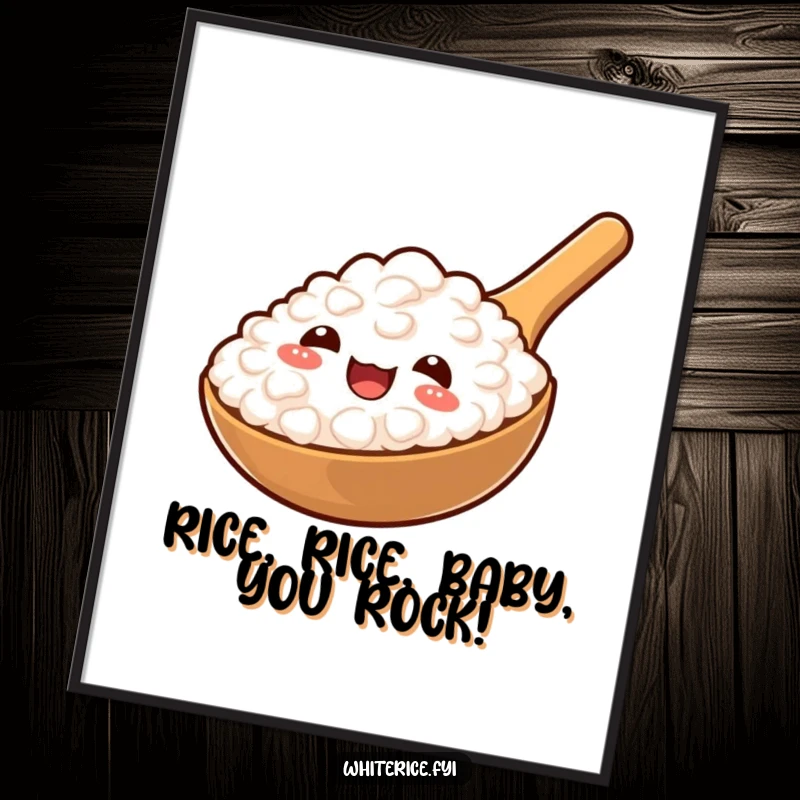 Funny free printable wall art of a smiling rice paddle offering a generous spoonful of fluffy rice, perfect for kitchens.