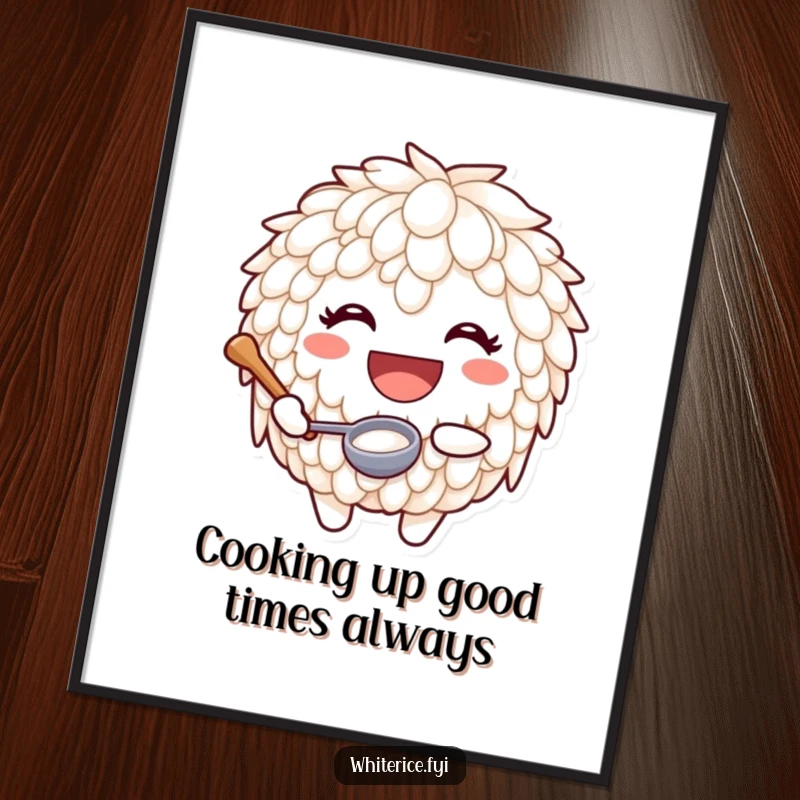Funny Free Printable Wall Art: A smiling rice character joyfully holds a tiny ladle, radiating happiness.