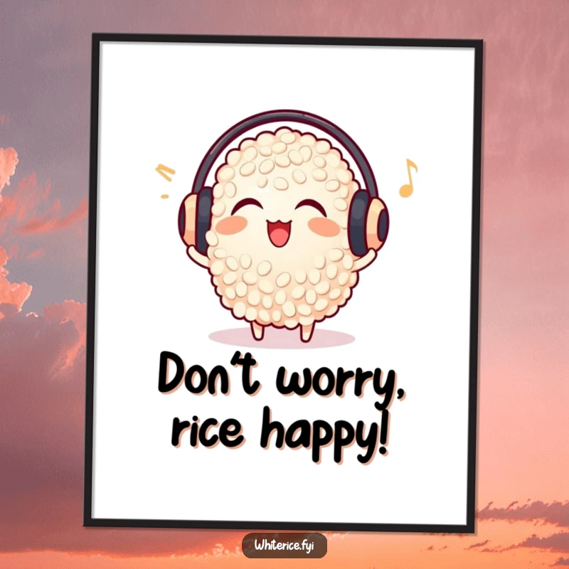 Funny Free Printable Wall Art: A delighted grain of rice wearing earmuffs jams to music, adding a playful and rhythmic touch to your space.
