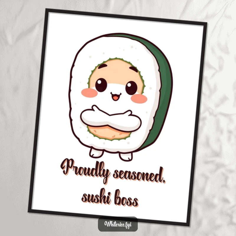 Funny Free Printable Wall Art: A proud Kawaii sushi roll character with crossed arms, beaming with confidence illustration.