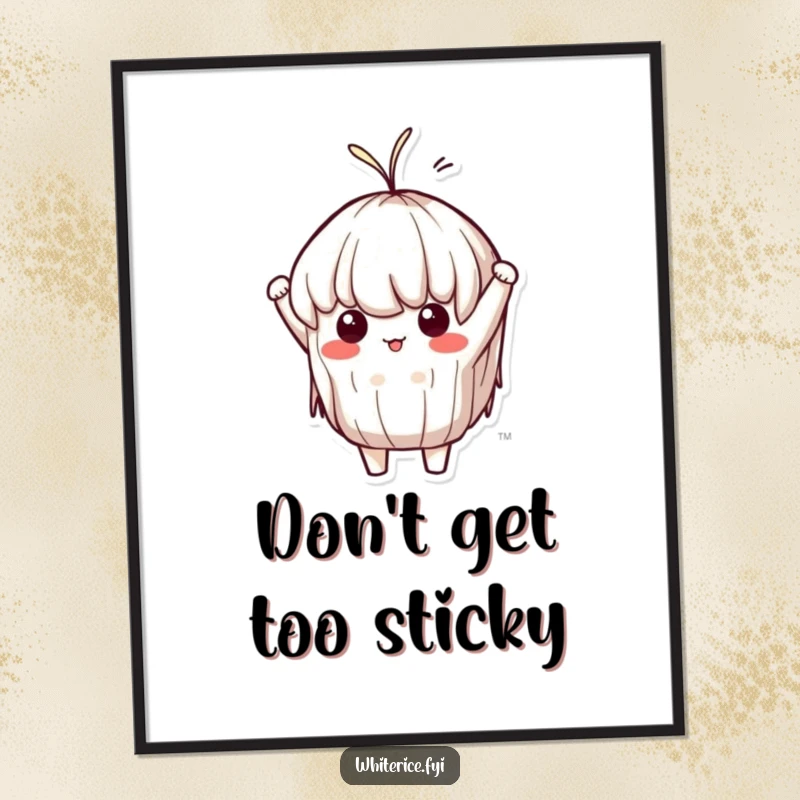 Funny Free Printable Wall Art: A determined Kawaii sticky rice character humorously stretching like taffy against a plain background.