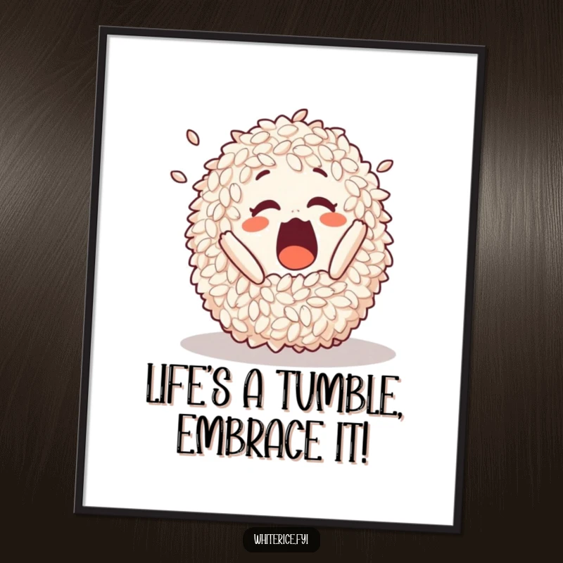 Funny free printable wall art of a surprised pile of rice caught mid-tumble, adding playful energy to any room.
