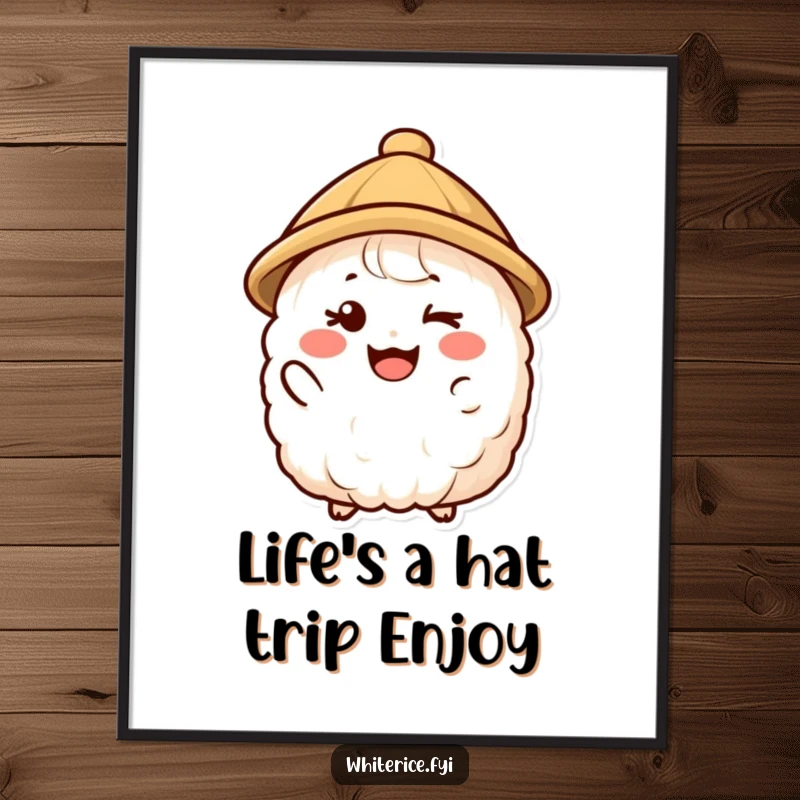 Funny Free Printable Wall Art: A charming rice character wearing a hat gives a flirty wink.