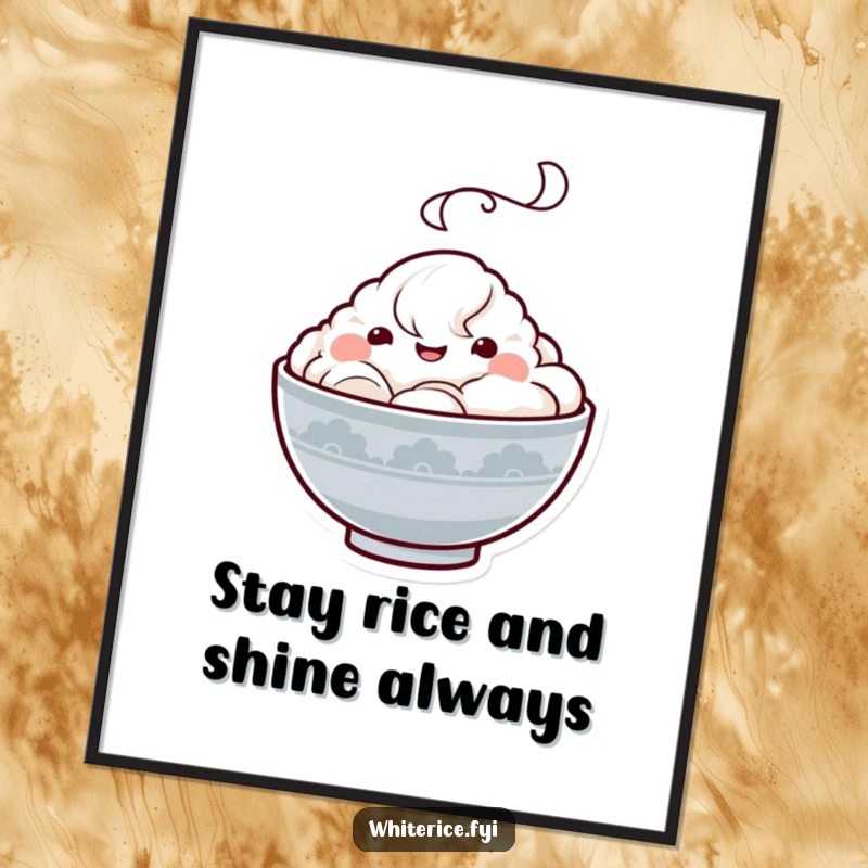 Funny free printable wall art of a happy Kawaii rice bowl character with a steam cloud, looking content and charming.
