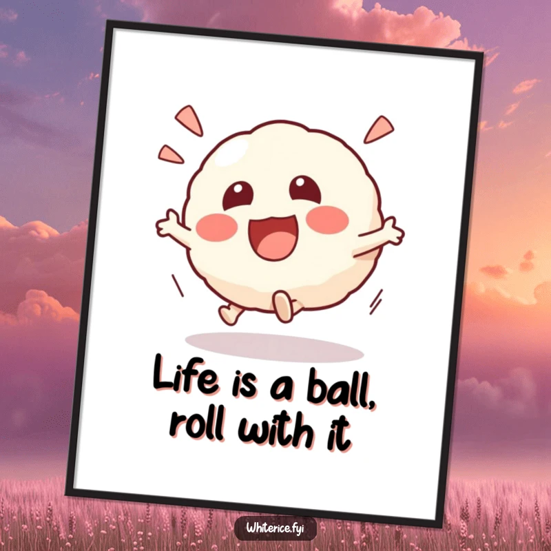 Funny free printable wall art of an excited Kawaii risotto ball character rolling playfully, adding a touch of fun.