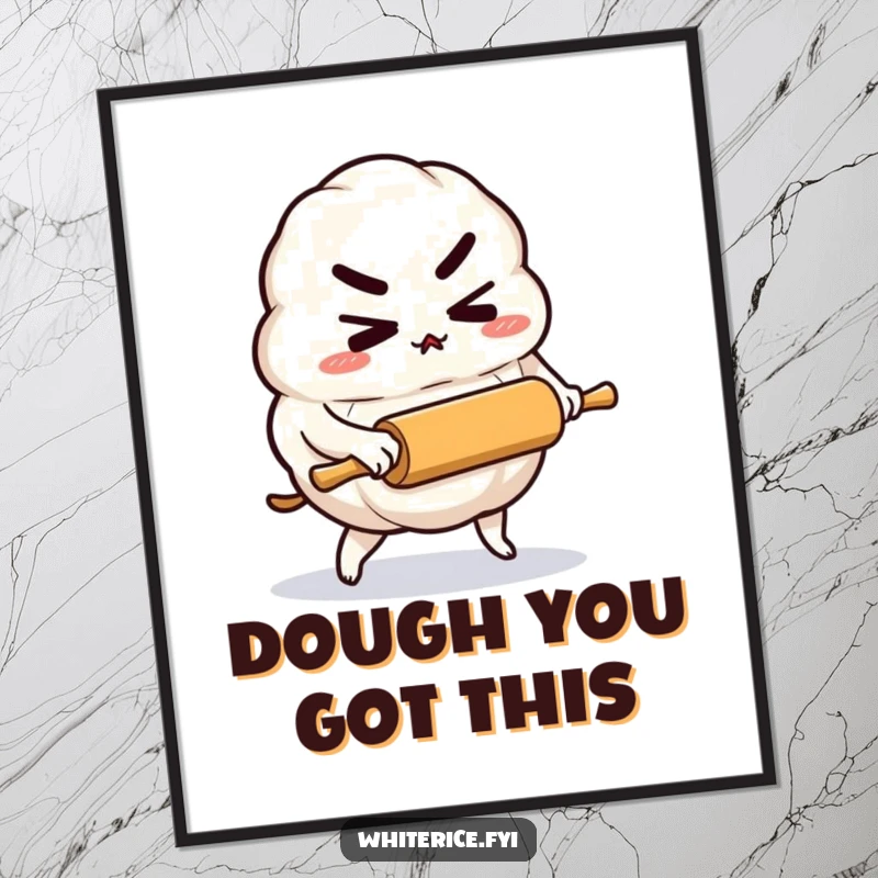 Funny Free Printable Wall Art of a determined rice dumpling character pushing a tiny rolling pin, ready for culinary action.