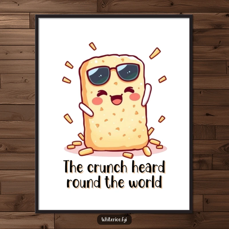 Funny Free Printable Wall Art: Adorable kawaii rice cracker captured mid-snap, radiating triumphant energy. A humorous, downloadable design.