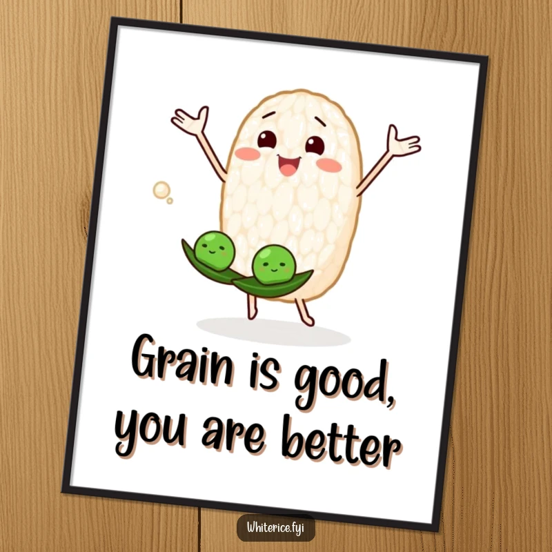 Funny free printable wall art: a joyous rice grain character juggling three peas, adding a playful and humorous touch.