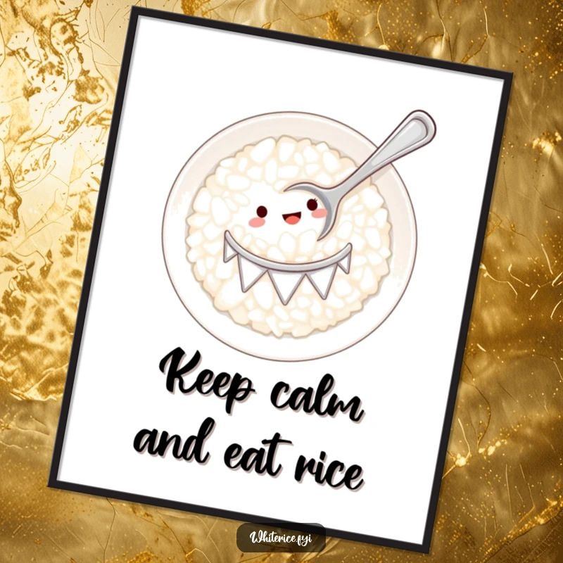 Funny Free Printable Wall Art: A tiny spoon energetically drumming on a plate of white rice, creating a lively and humorous scene.