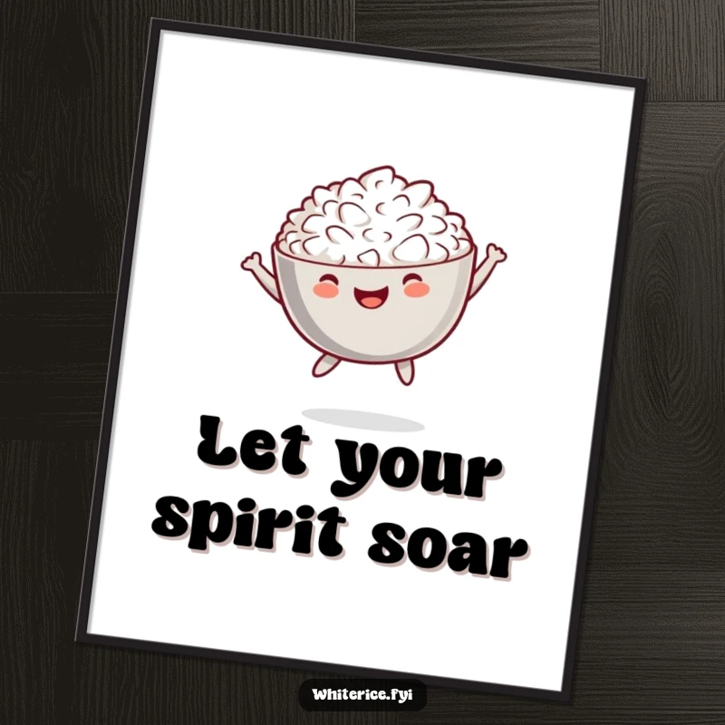 Funny Free Printable Wall Art of a cheerful bowl of white rice captured mid-jump, embodying playful motion and joy.