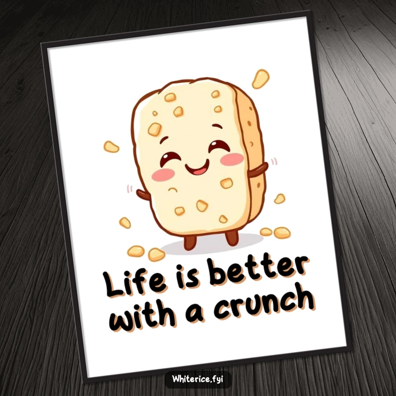 Funny Free Printable Wall Art: A cheerful rice cracker character lightly crumbling with a happy crunch sound.