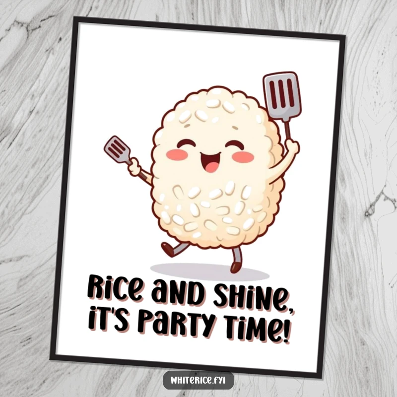 Funny Free Printable Wall Art: Cheerful, plump grain of rice character happily dances with a tiny spatula, kitchen decor.