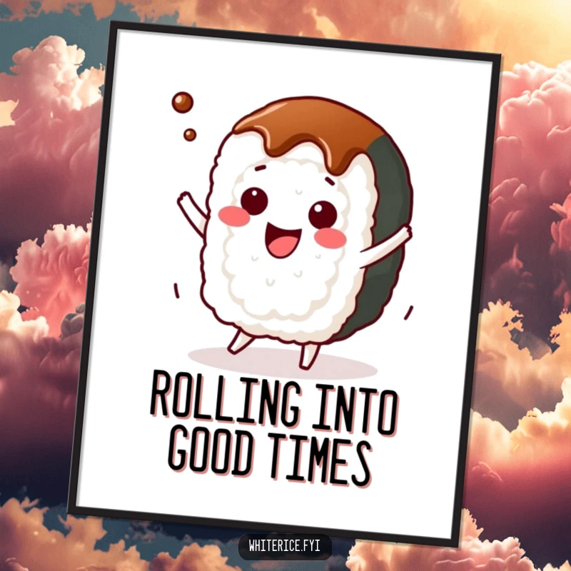 Free Printable Wall Art: A happy kawaii sushi roll performing an energetic dance with a splash of soy sauce, perfect foodie decor.