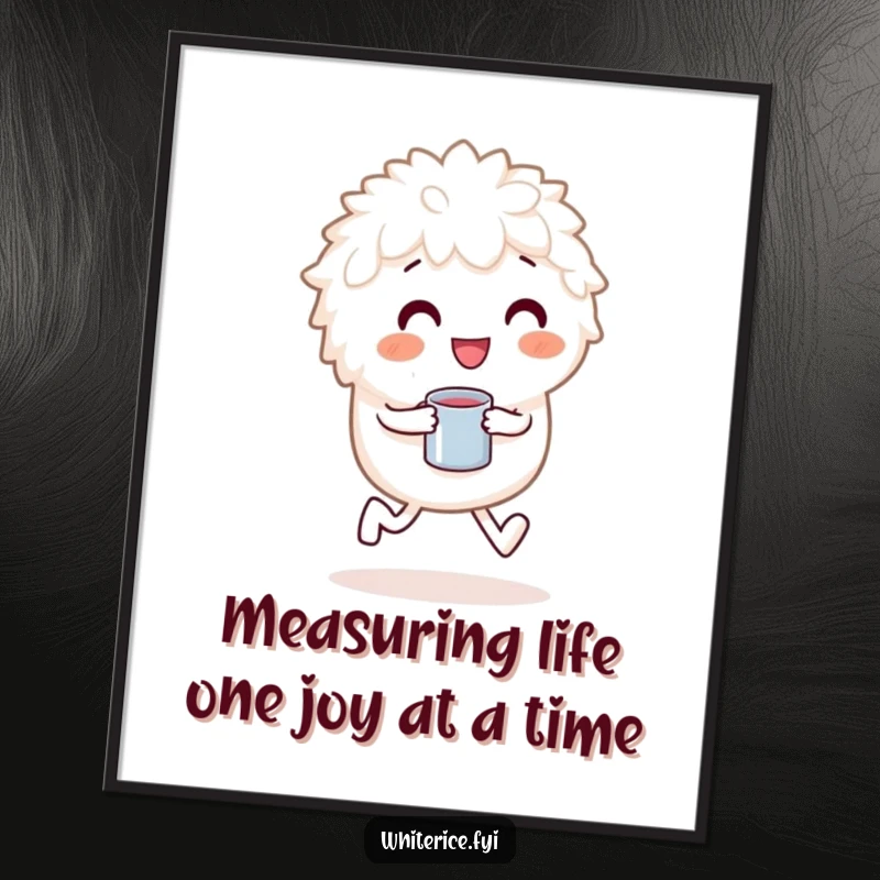 Funny free printable wall art: a playful white rice character skipping happily with a tiny measuring cup, embodying pure joy.