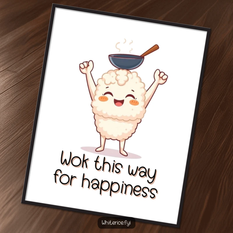 Funny Free Printable Wall Art: A cheerful white rice character with a triumphant smile holds aloft a miniature wok.
