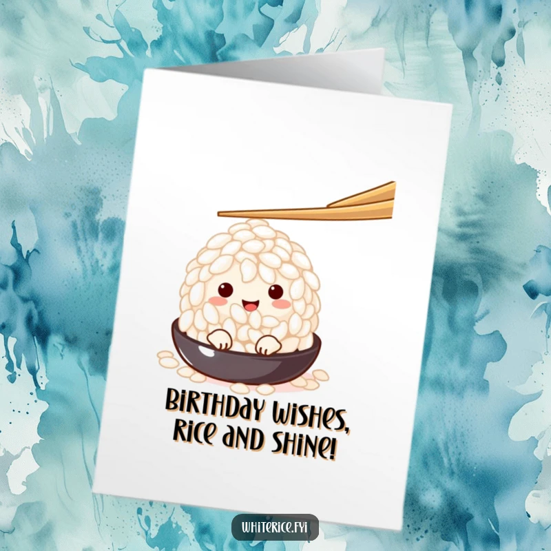 Funny Free Printable Birthday Card: Charming white rice grain character playfully peeking from beneath a chopstick, ready to wish happy birthday.