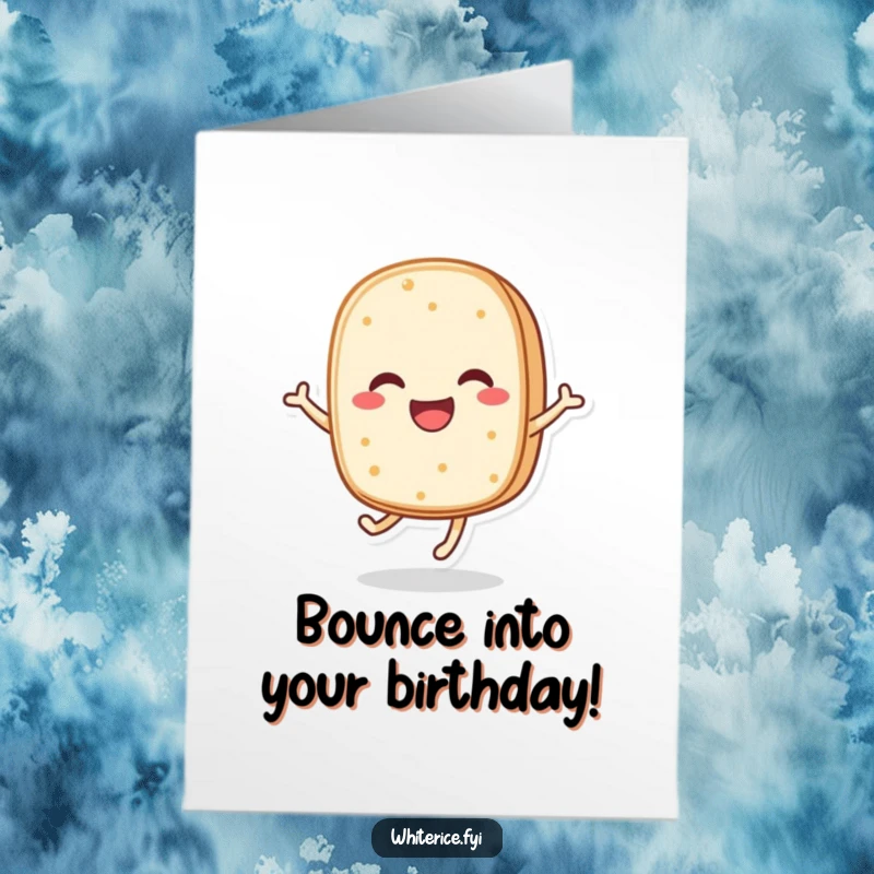 Funny Free Printable Birthday Card showing a jubilant, anthropomorphic rice cake character bouncing energetically.