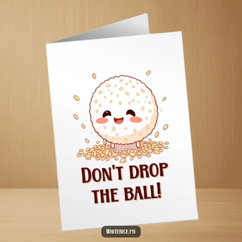 Funny Free Printable Birthday Card showing a happy rice ball character comically failing to catch falling grains.