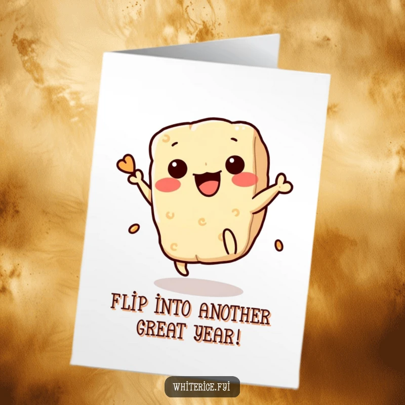Funny Free Printable Birthday Card: A cute Kawaii rice cracker mid-air flip, celebrating with pure joy and energy.
