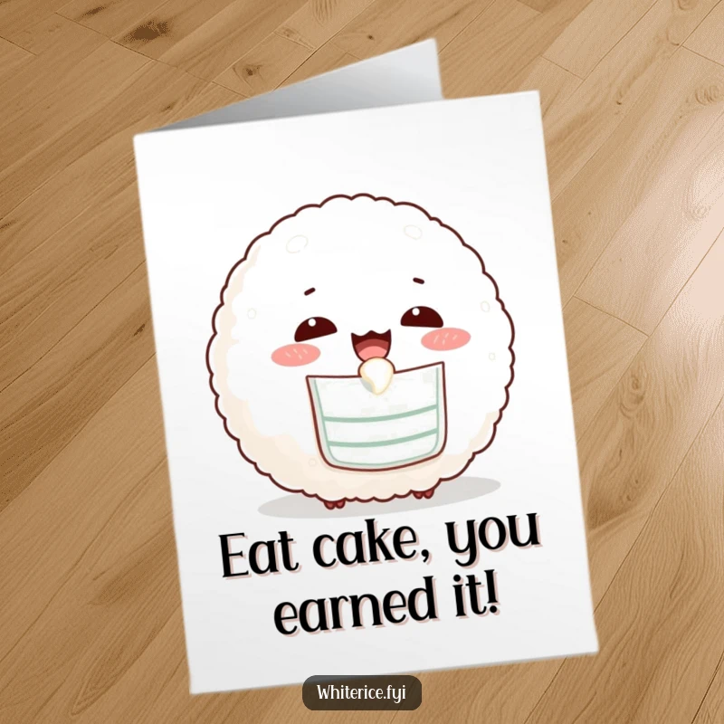 Funny free printable birthday card showing an amused rice ball in a bib, happily slurping rice with joy.