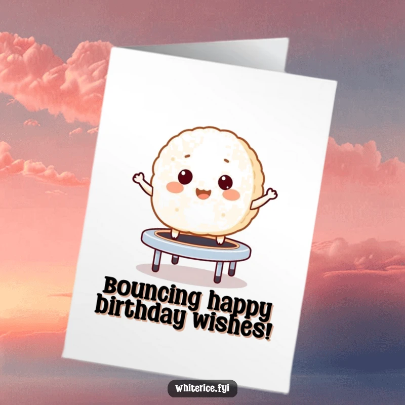 Funny Free Printable Birthday Card: A giggling rice cake joyfully bouncing like a mini trampoline, pure fun.