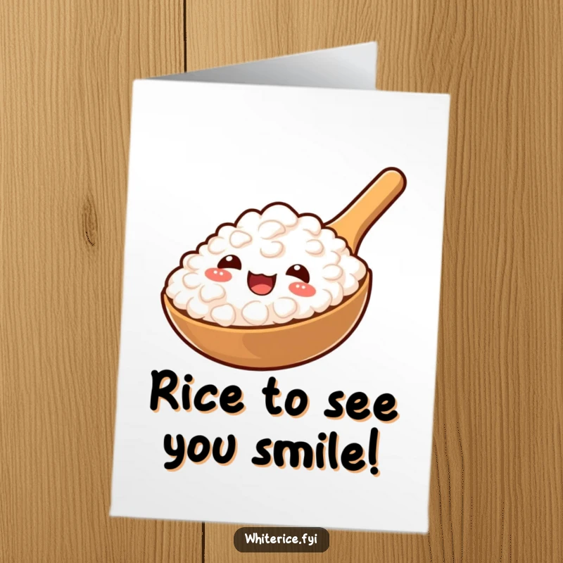 Funny free printable birthday card featuring a smiling rice paddle generously offering a spoonful of fluffy rice.