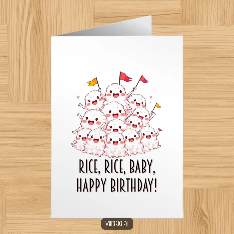 Funny Free Printable birthday card: a smiling pile of white rice characters cheers and waves tiny flags, festive.