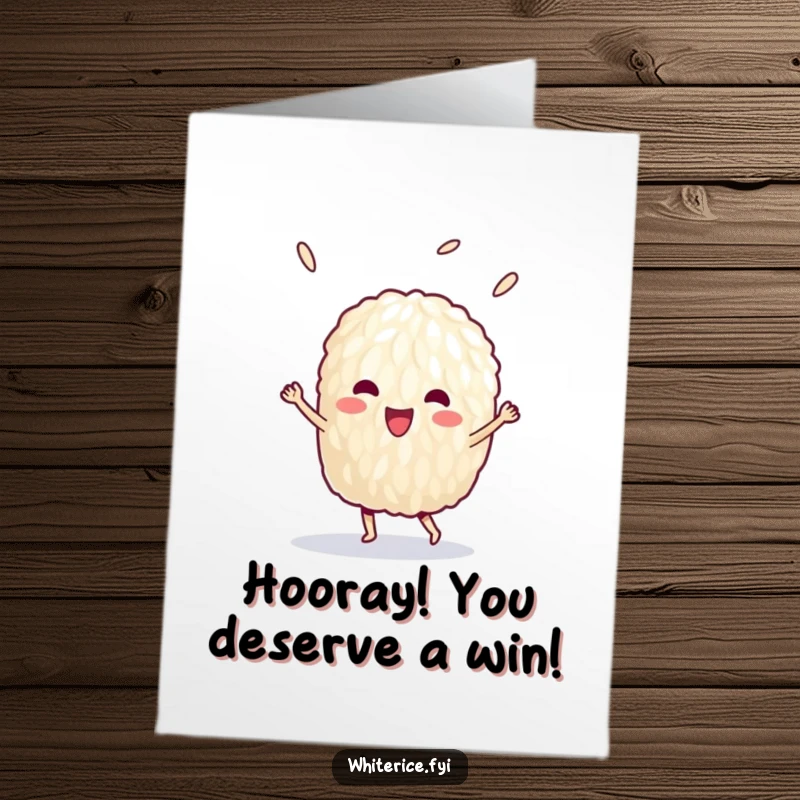 Funny free printable birthday card featuring a delighted single grain of rice performing an energetic victory dance.